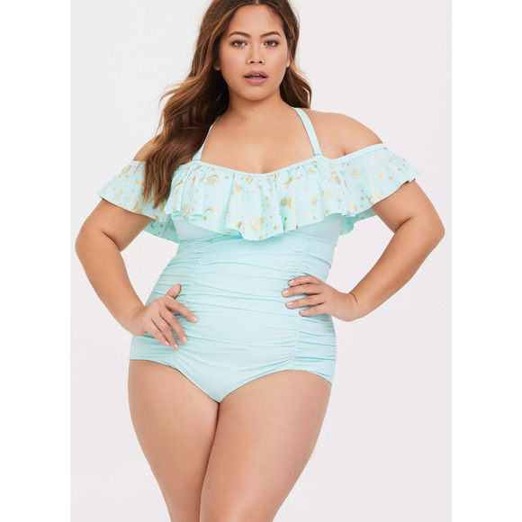 Torrid Jasmine Disney One Piece Swimsuit 2X Off Shoulder Padded Ruched Retro - Picture 8 of 9